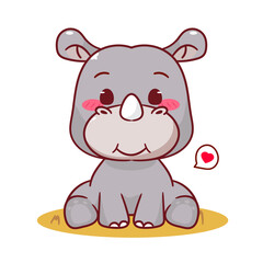 Cute Rhino Sitting Cartoon Vector Illustration. Adorable Kawaii Animal Character Icon Mascot Concept Design. Isolated White Background.