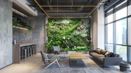 Obraz premium Green living wall with perennial plants, adding nature to a modern office