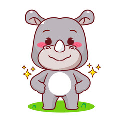 Cute Rhino Standing Cartoon Vector Illustration. Adorable Kawaii Animal Character Icon Mascot Concept Design. Isolated White Background.