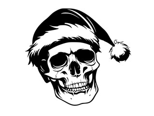Fototapeta premium Skull Wearing Santa Hat for Festive Design, Stylized skull illustration wearing a Santa hat, blending Halloween and Christmas themes for a unique festive design. 