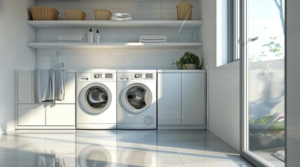 Modern washing machines in a spotless utility laundry room