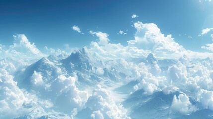 Mountain range under a clear blue sky with soft, white clouds drifting by