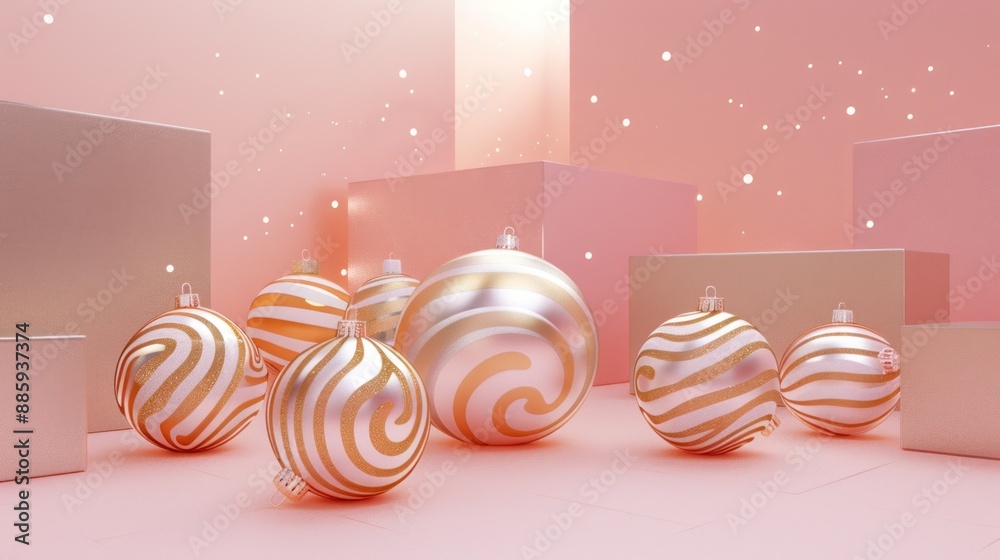 Sticker christmas ornaments on a pink background