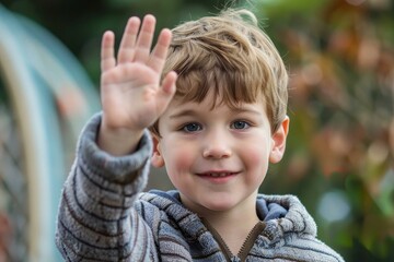 Young boy with blonde hair smiling while waving hello