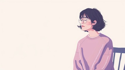 Minimalist Cartoon Illustration of Thoughtful Woman in Purple Sweater
