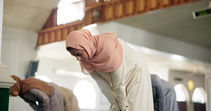 Woman, muslim people and prayer in mosque with group for religion, faith and connection to God in morning. Islamic community, peace and spiritual development for solidarity, devotion and gratitude