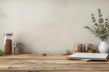 Minimalist kitchen counter with wooden surface, spice jars, and a white vase with green plants, creating a cozy and natural atmosphere.