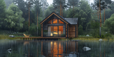 Fototapeta premium small cozy wooden cabin with modern windows and roof on the edge of lake in forest, generative AI