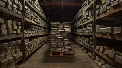 Obraz premium 4. Zinc ingots stacked in a storage facility