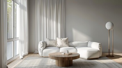 Elegant Minimalist Living Room with Light Grey Walls, White Sofa, Wooden Coffee Table, and Modern Floor Lamp. The Well-Lit Space Features Large Windows with Sheer Curtains.