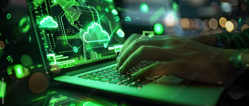 Poster hand typing on laptop with connection cloud computing data transfer