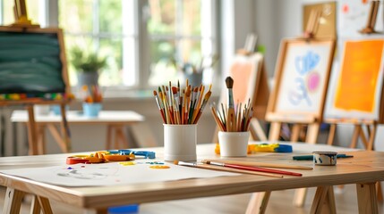 Vibrant Classroom Art Corner Fostering Creativity with Easels, Paints, and Brushes