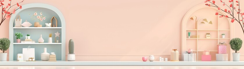 Minimalist shelves with pastel decorations and plants against a soft pink background, perfect for a charming and elegant interior design.