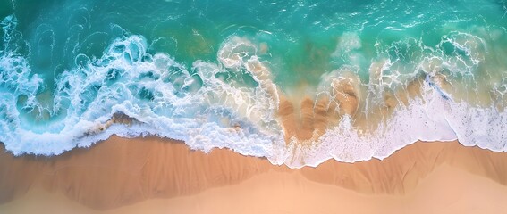 Obraz premium Aerial View of Turquoise Ocean Waves Crashing on Golden Sand Beach