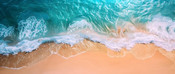 Aerial View of Turquoise Ocean Waves Crashing on Golden Sand Beach