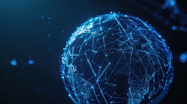 Futuristic globe with abstract connected lines and blue neon color on dark background