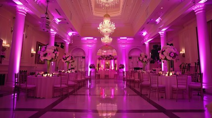 Reception decoration beautifully lit with purple lighting