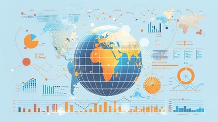 Infographic Displaying Global Financial Data on a Light Blue Background with Globe and Graphs