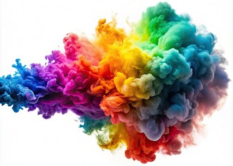 Vibrant, swirling clouds of colored smoke burst forth in a mesmerizing explosion, isolated on a crisp white background, evoking a sense of dynamic energy and creativity.