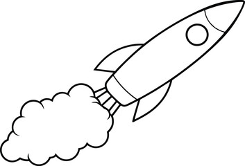 Rocket launch line art element, rocket with Smoke silhouette black and white illustration

