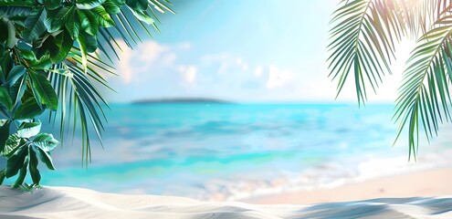Fototapeta premium Tropical Beach Background with Palm Leaves and White Sand
