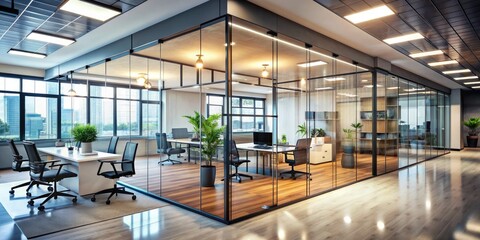 Modern business office interior with sleek glass partitions, blurred bokeh background, and contemporary furniture, conveying a sense of professionalism and corporate atmosphere.
