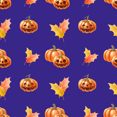 Pumpkin Halloween decor seamless pattern. Watercolor illustration. Hand drawn scary funny orange pumpkins, autumn leaves Halloween holiday element symbol. Dark background
