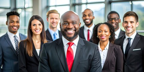 Fototapeta premium a group of diverse business people smiling and standing in front of the camera, african american man wearing black suit with red