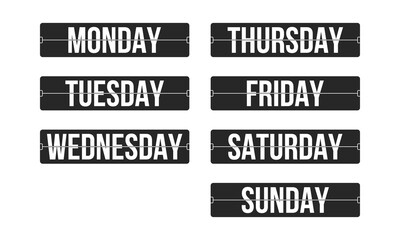 Weekday names flip board. Retro style analog clock plates.