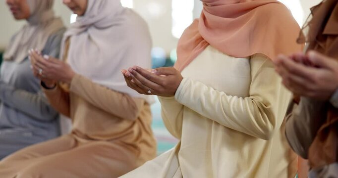 Muslim woman, hands and group with dua for forgiveness or faith in god, creator or Allah. Closeup of female person, moslem or people in islam for worship, belief or gratitude on floor at mosque