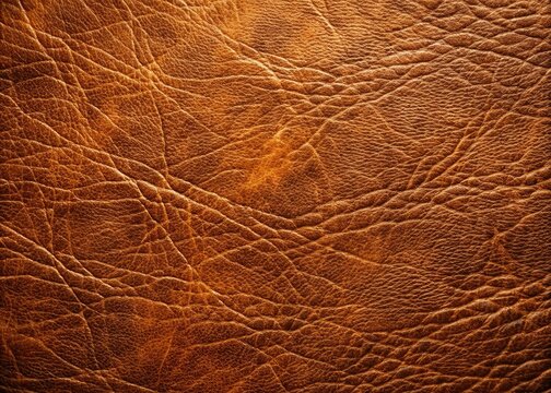 High-resolution close-up of rich brown leather material showcasing intricate texture, natural wrinkles, and subtle scratches, ideal for backgrounds, textures, or design elements.
