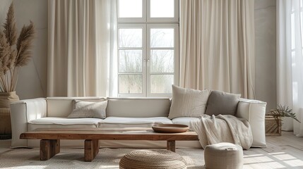 Elegant Minimalist Living Room Featuring White Walls, Grey Curtains, and Wooden Furniture, with Natural Light Streaming Through Large Windows, Showcasing Modern Home Decor 