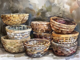 A bunch of baskets are stacked on top of each other