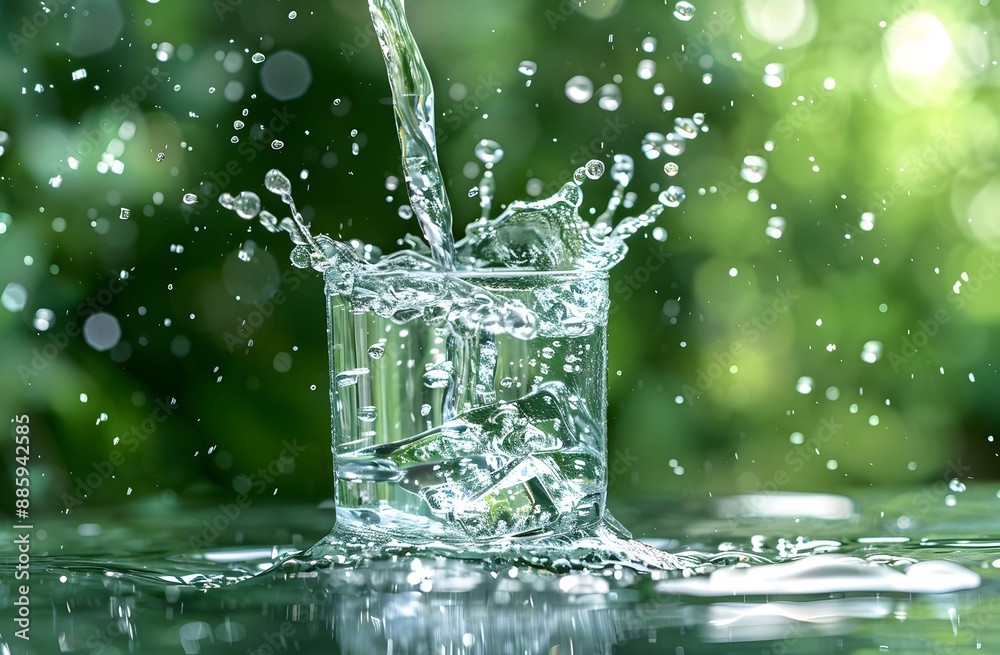 Wall mural Water Splashing into Glass with Ice Cubes