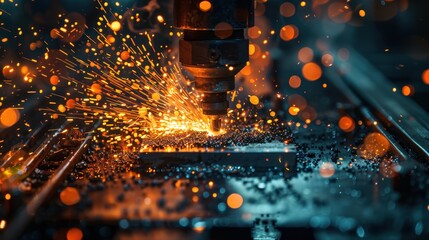 A machine is cutting through metal, creating sparks and debris