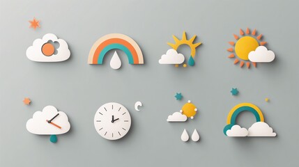 Obraz premium Flat design icons of weather, rainbows, and sunrises with a consistent style