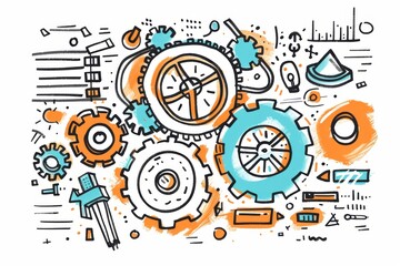 Hand-Drawn Gadget Illustration with Gears: Symbolizing the Concept of Functions in Programming and Software Development