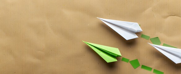 Green Paper Airplane Soaring Above White Ones