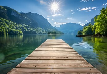 Fototapeta premium Wooden Dock Leading to Mountain Lake