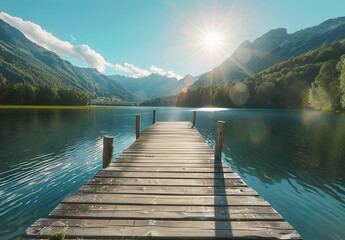 Obraz premium Wooden Dock Leading to Mountain Lake with Sun Flare