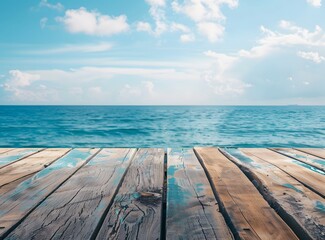 Obraz premium Rustic Wooden Tabletop Ocean View Background