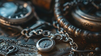 Silver ring and chain on the background of watches