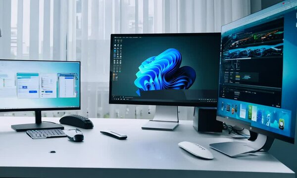 fine details Modern digital workspace with sleek computer, large monitor displaying various modern applications.
