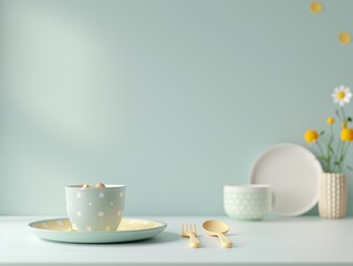 Minimalistic pastel dining setup with polka dot dishes, gold cutlery, and floral decor against a soft green background.