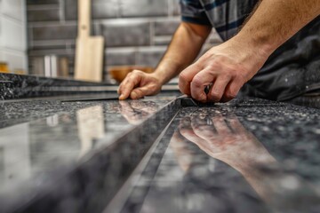 Hands measuring granite in the kitchen