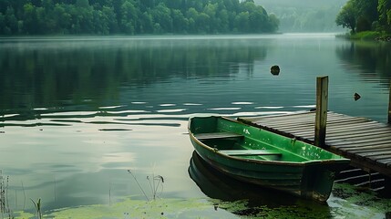 Obraz premium A small green boat floating on the lake near the pier. beautiful photo digital picture
