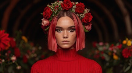 woman with red hair and floral crown