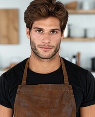 portrait of a handsome young man with a beard wearing an apron
