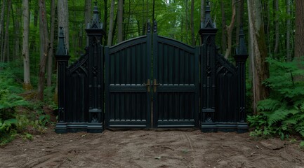 Mysterious black gates in enchanted forest