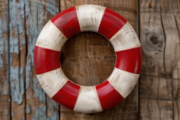 Vintage life preserver on weathered wooden background